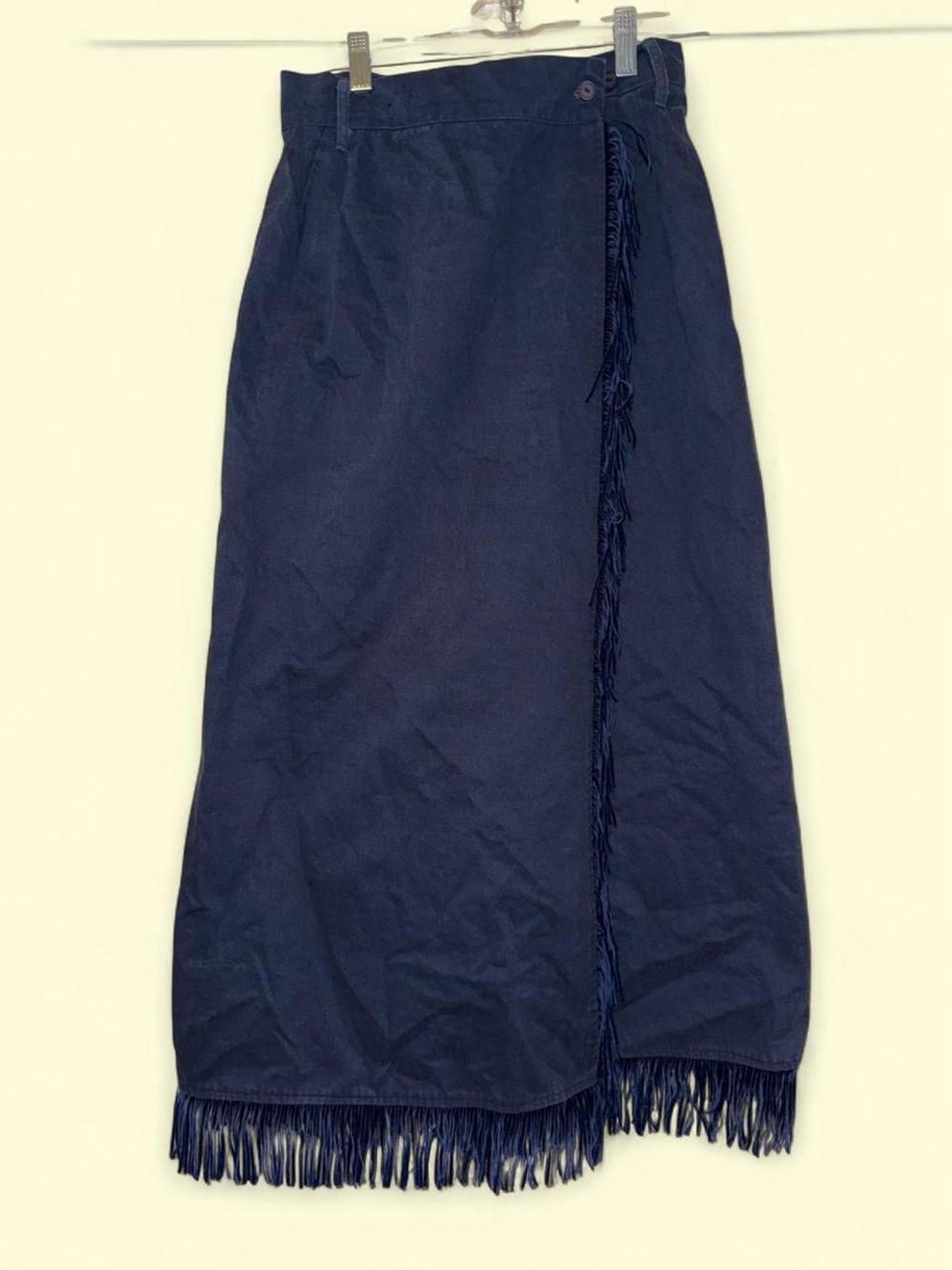 Vintage 70s Navy Fringe Wrap Midi Skirt